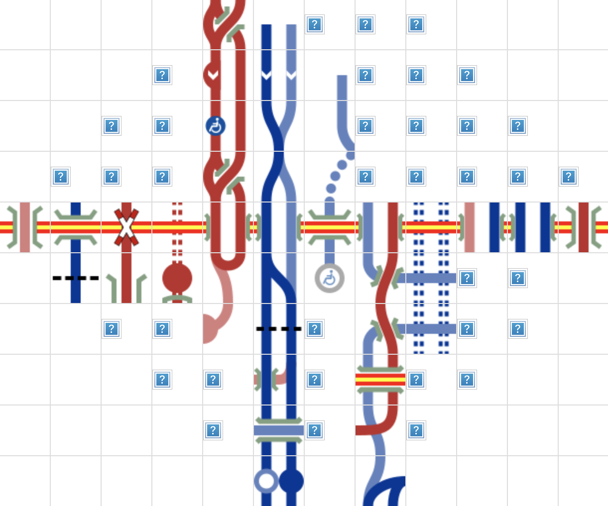 A partially filled grid of icons showing a road and some rail lines