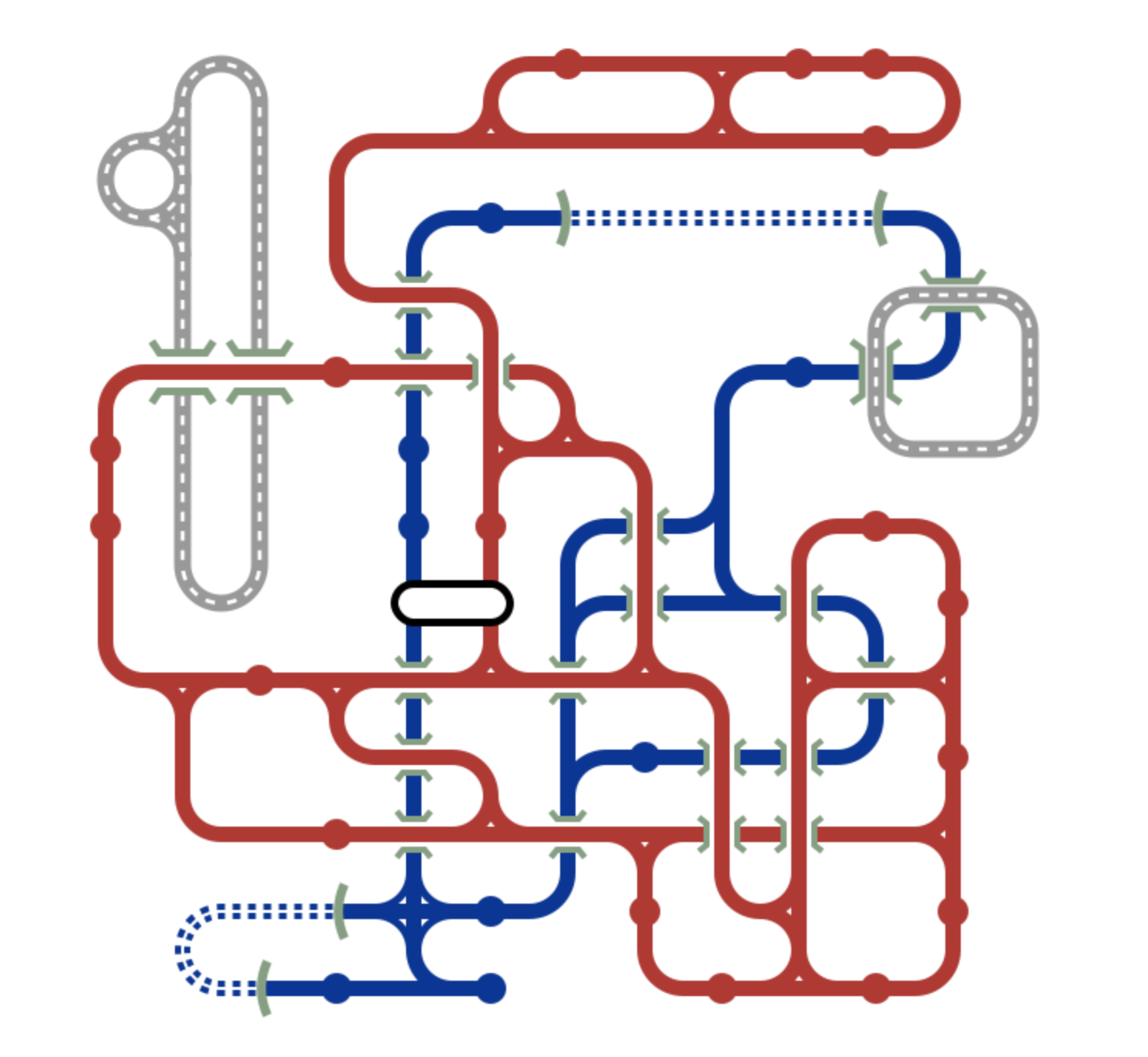 Icons placed in a grid showing two overlapping train lines with tunnels and roads.