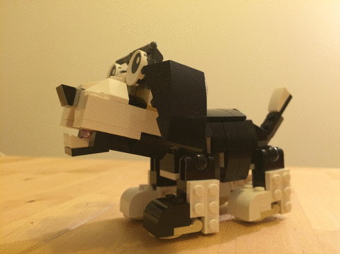 A lego model of a dog moving frame by frame.