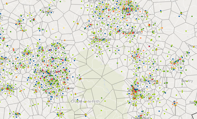 A map centred on the Peak District where very few supermarkets marked. Many are marked Manchester, Huddersfield and Sheffield which surround.